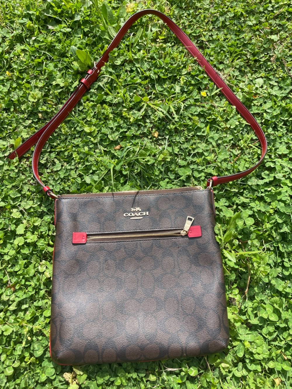 Coach Brown Signature Crossbody with Red Trim and Gold Hardware